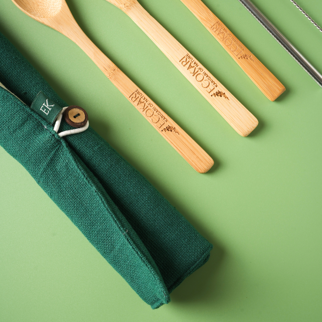 Bamboo Cutlery Set with Organic Cotton Pouch